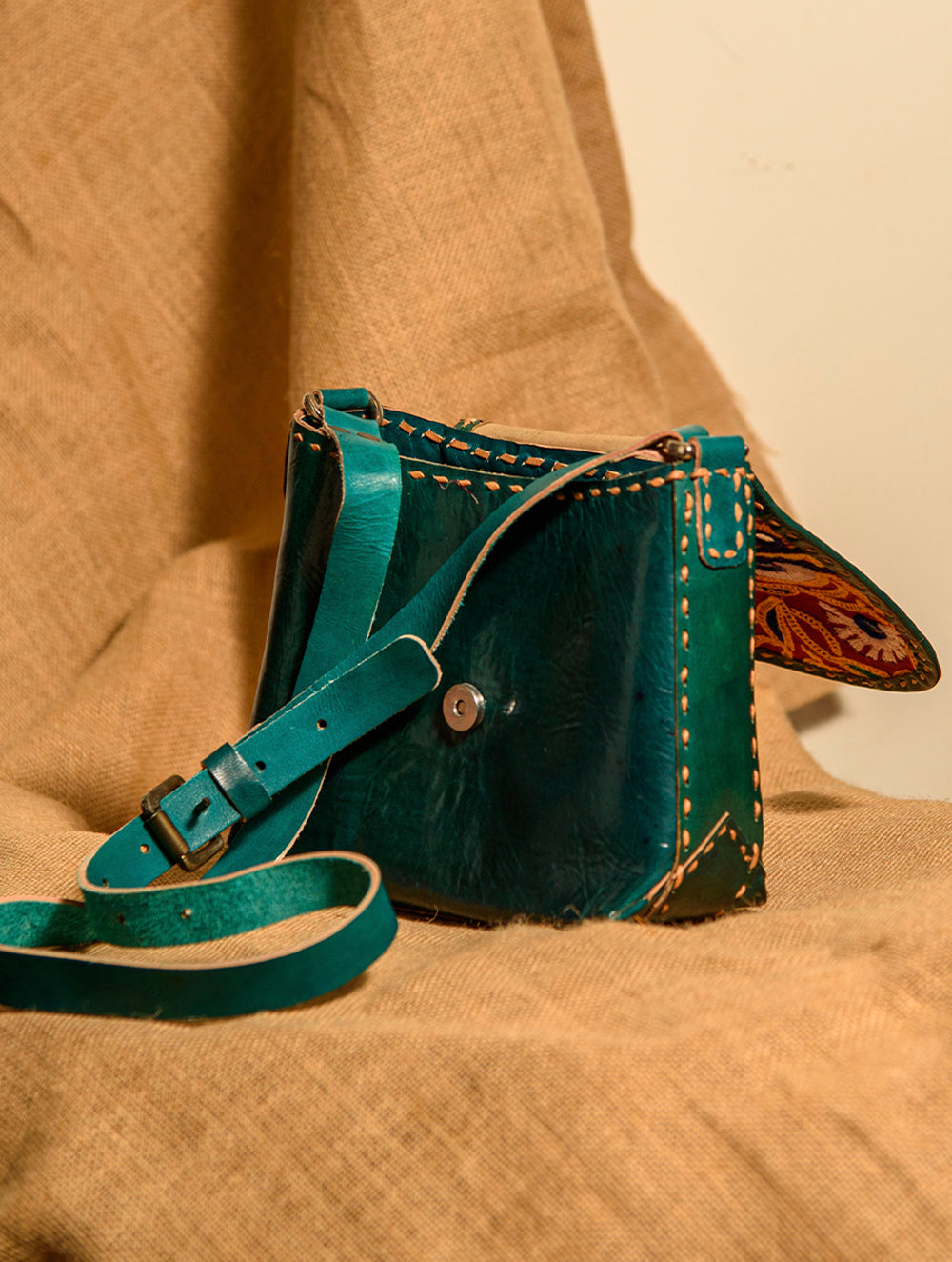 Handcrafted Jawaja Leather Bag with Hand Embroidered Patch