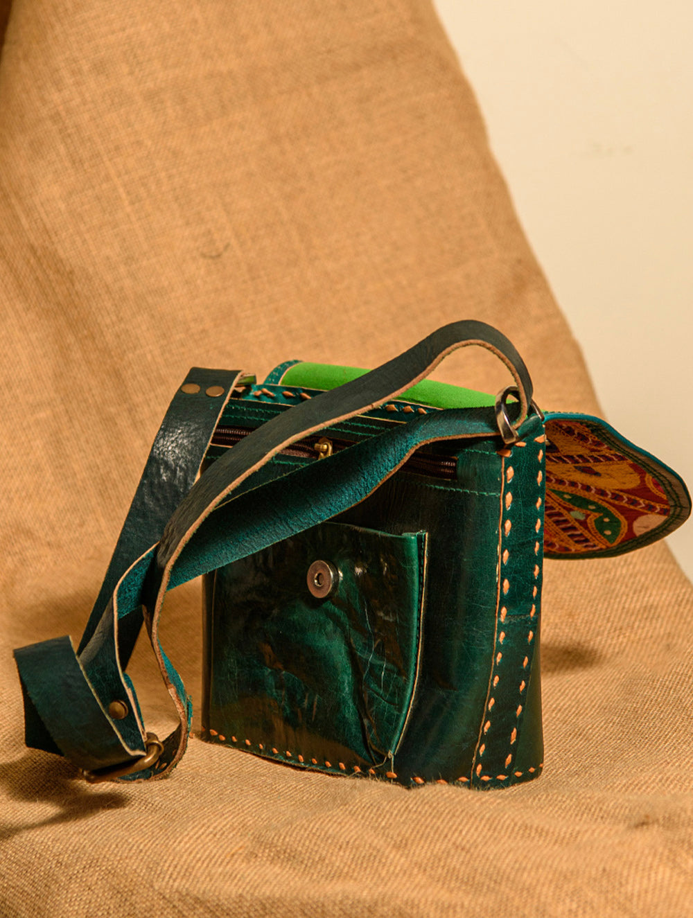 Handcrafted Jawaja Leather Bag with Hand Embroidered Patch