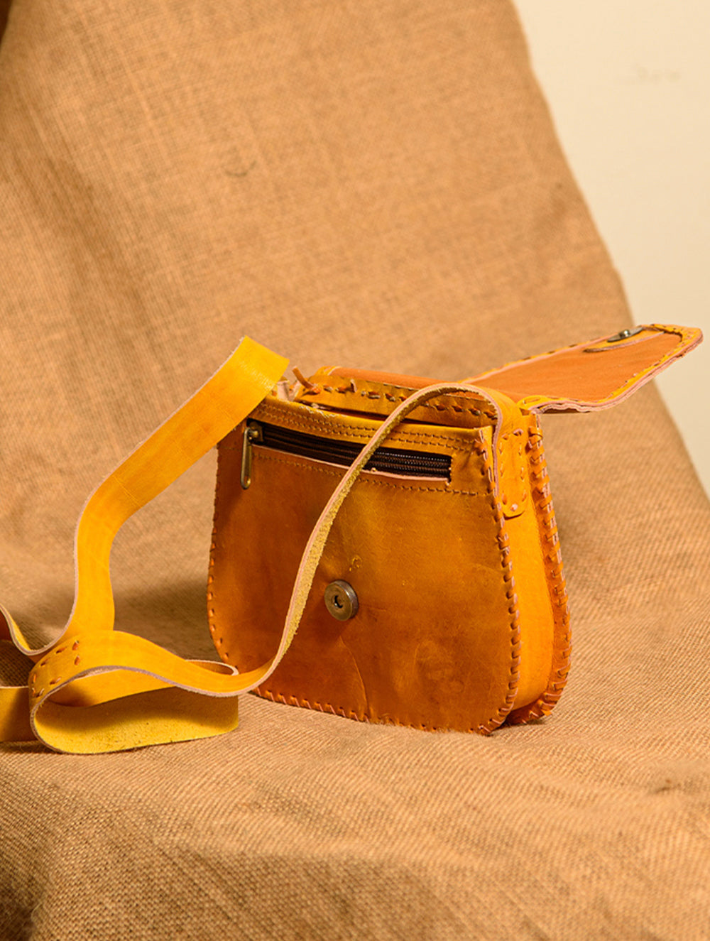 Handcrafted Jawaja Leather Bag with Hand Stitch Detail