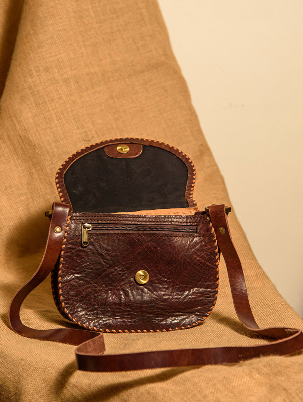Handcrafted Jawaja Leather Bag with Hand Stitch Detail