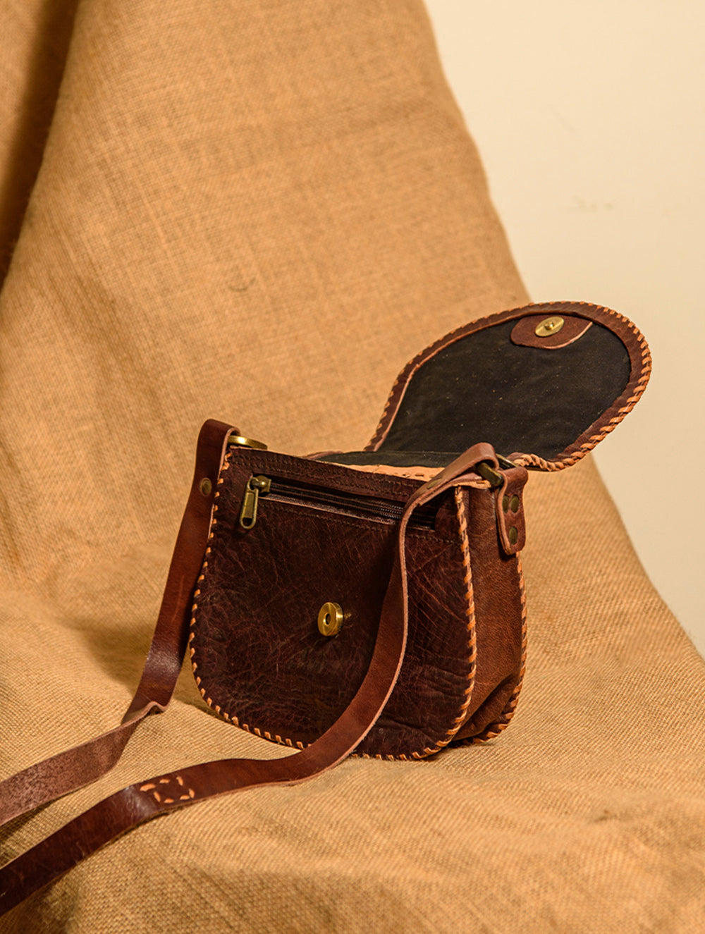 Handcrafted Jawaja Leather Bag with Hand Stitch Detail