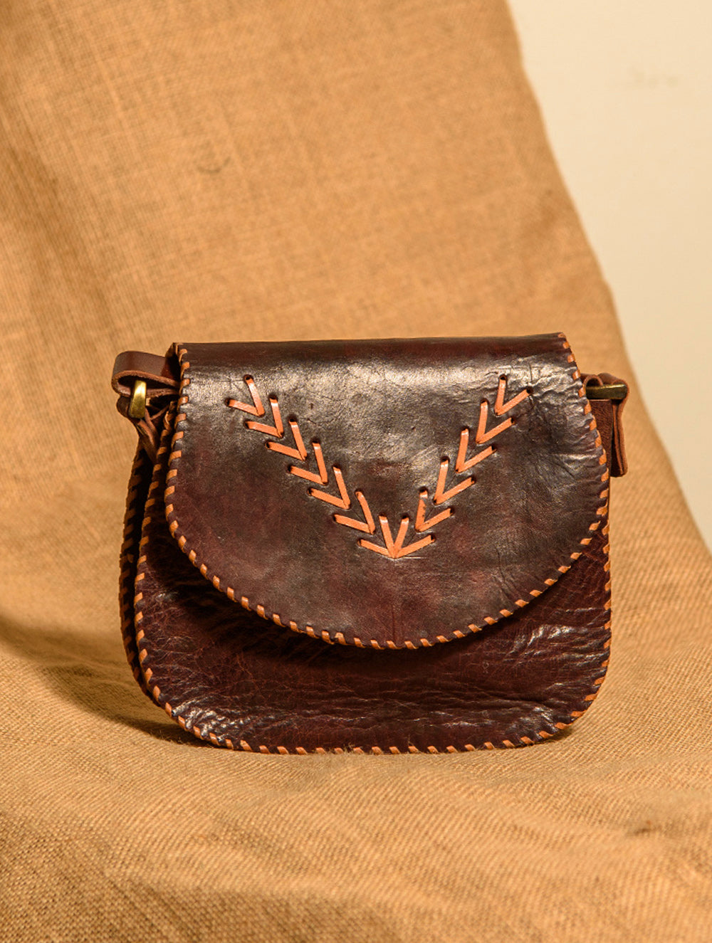Handcrafted Jawaja Leather Bag with Hand Stitch Detail