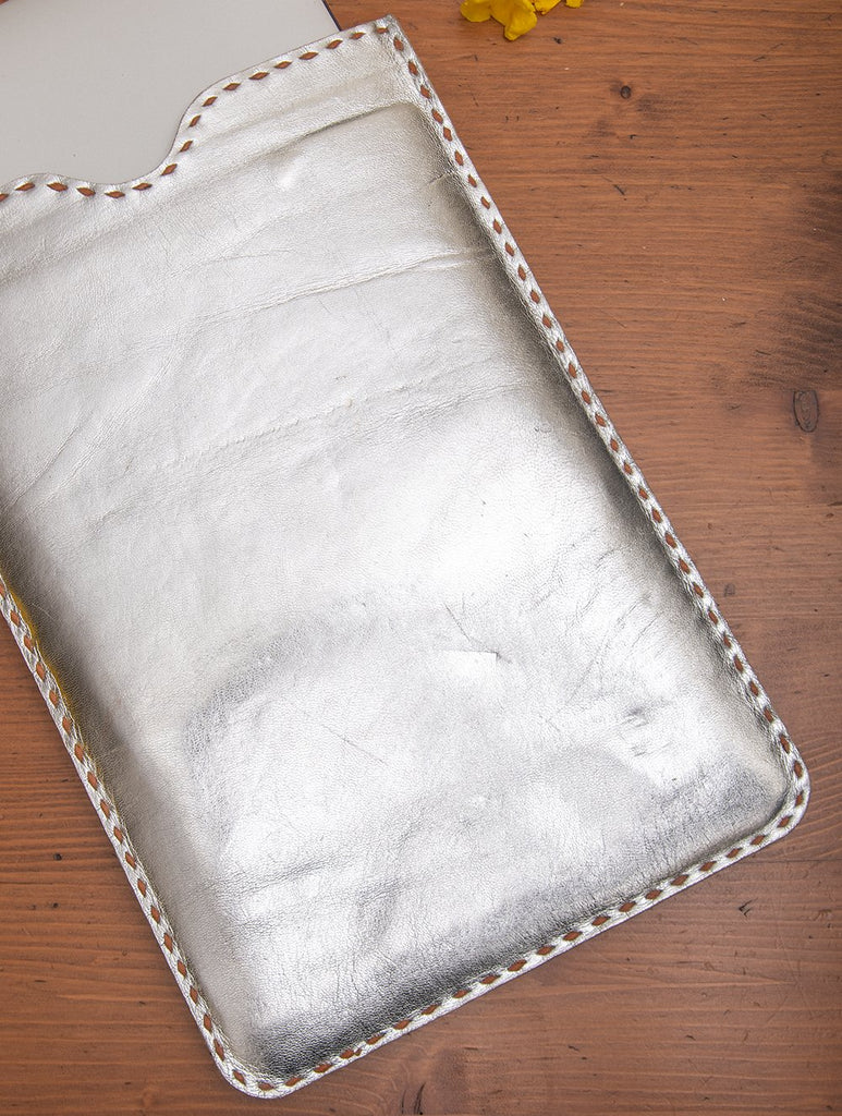 Handcrafted Jawaja Leather Craft Laptop Sleeve with Hand Stitch Detail - Silver