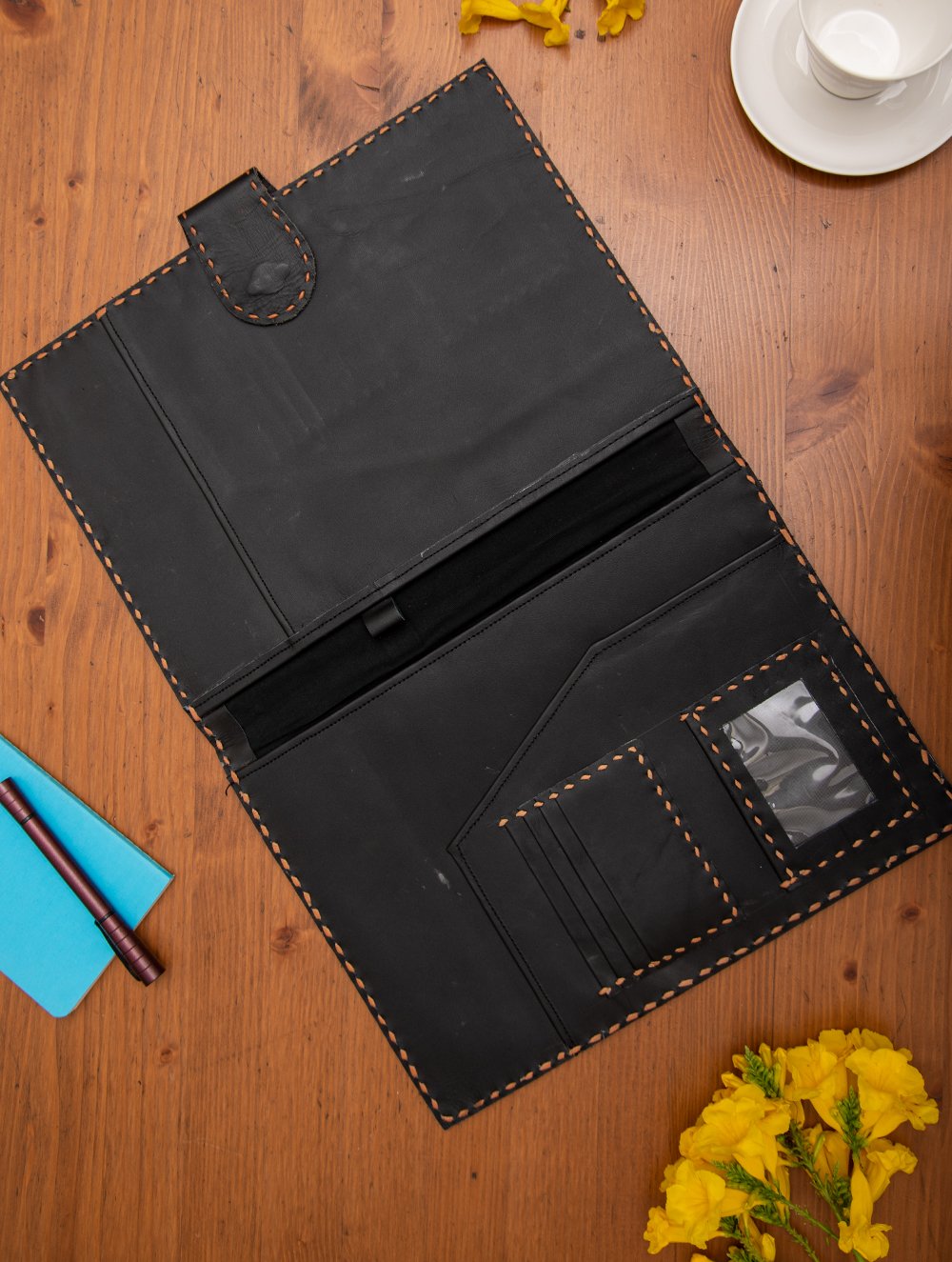 Handcrafted Jawaja Leather Craft Utility Folder with Hand Stitch Detail - Black & Brown