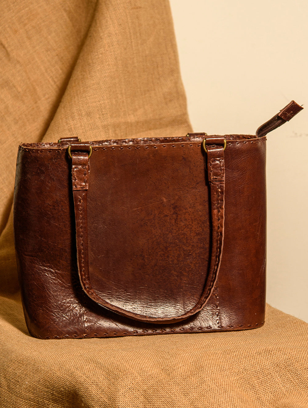 Handcrafted Jawaja Leather Tote Bag with Hand Stitch Detail