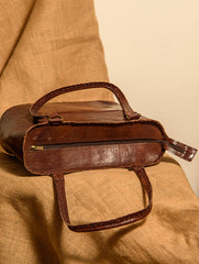 Handcrafted Jawaja Leather Tote Bag with Hand Stitch Detail