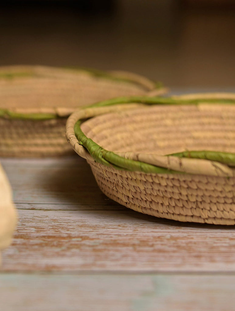 Handcrafted Khajur & Sabai Utility Baskets - Green & Beige (Set of 2)