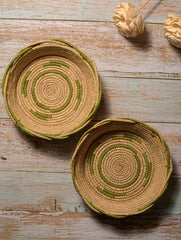 Handcrafted Khajur & Sabai Utility Baskets - Green & Beige (Set of 2)