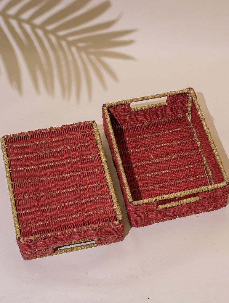 Handcrafted Sabai Grass Multi-Utility Basket - Warm Red (Set of 2)