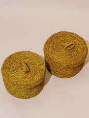 Handcrafted Sabai Grass Round Multi-Utility Basket with Lid - Mustard (Set of 2)