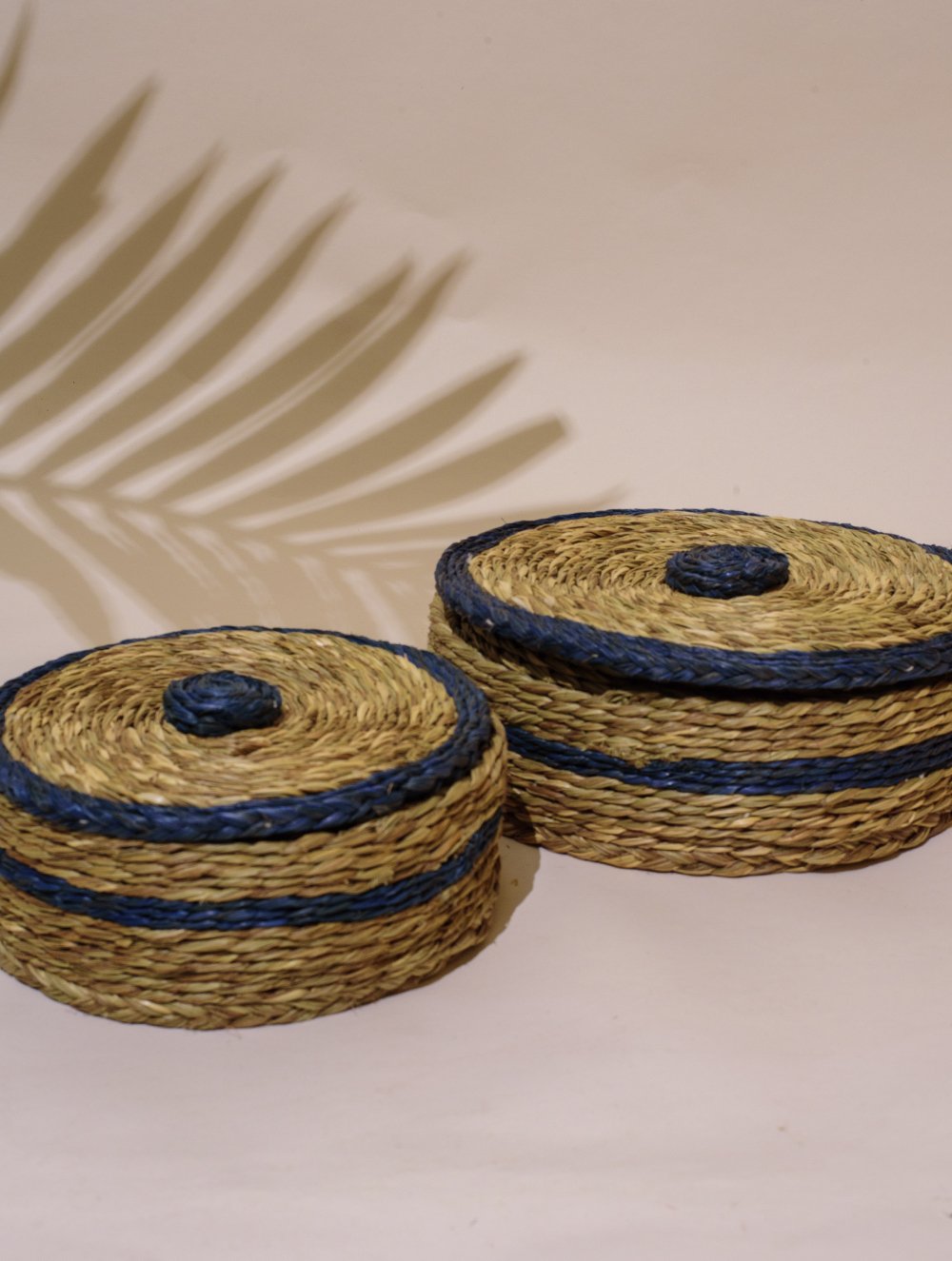 Handcrafted Sabai Grass Round Multi-Utility / Roti Basket with Lid - Natural Beige & Royal Blue (Set of 2)
