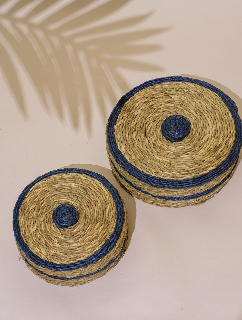 Handcrafted Sabai Grass Round Multi-Utility / Roti Basket with Lid - Natural Beige & Royal Blue (Set of 2)