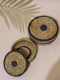 Handcrafted Sabai Grass Round Multi-Utility / Roti Basket with Lid - Natural Beige & Royal Blue (Set of 2)