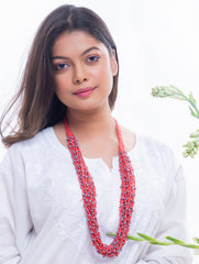 Handcrafted Beads & Thread Neckpiece - Red & Grey
