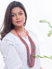 Handcrafted Beads & Thread Neckpiece - Red & Turquoise