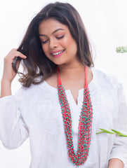 Handcrafted Beads & Thread Neckpiece - Red & Turquoise