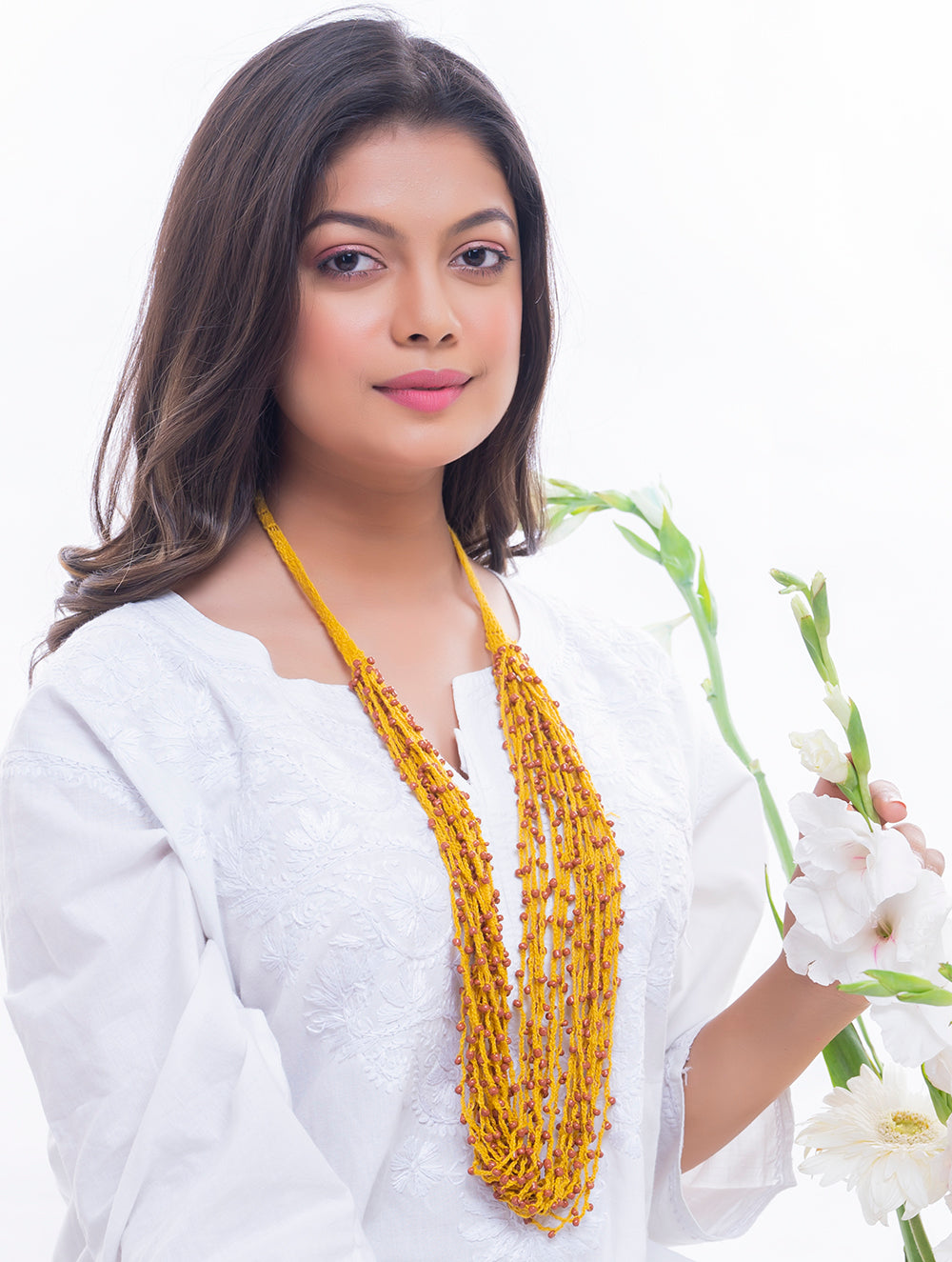 Handcrafted Beads & Thread Neckpiece - Yellow & Brown