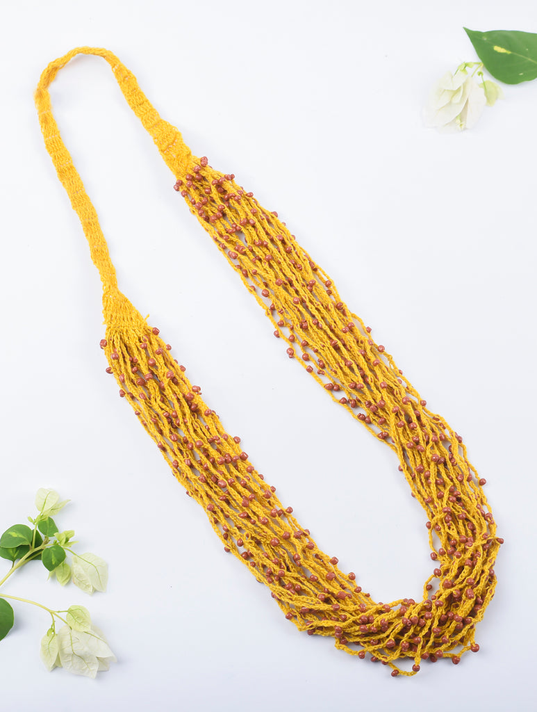 Handcrafted Beads & Thread Neckpiece - Yellow & Brown