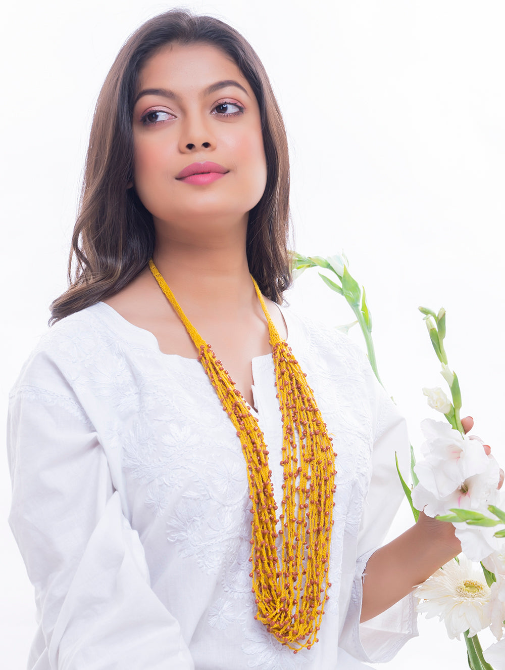 Handcrafted Beads & Thread Neckpiece - Yellow & Brown