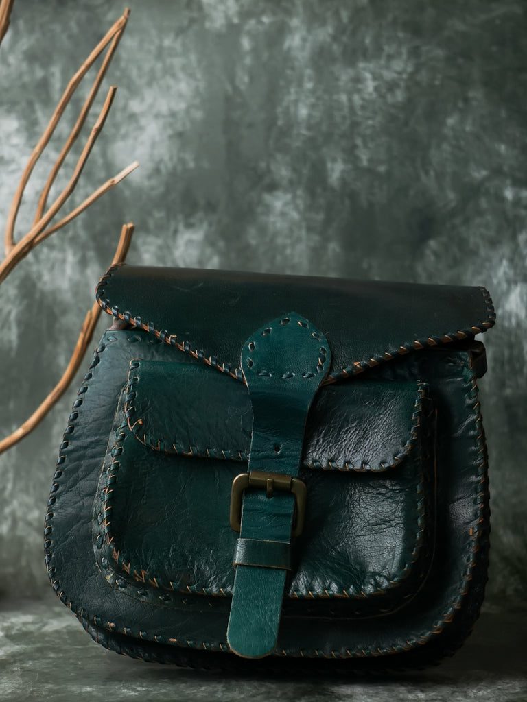 Handcrafted Jawaja Leather Sling Bag with Hand Stitch Detail - Green