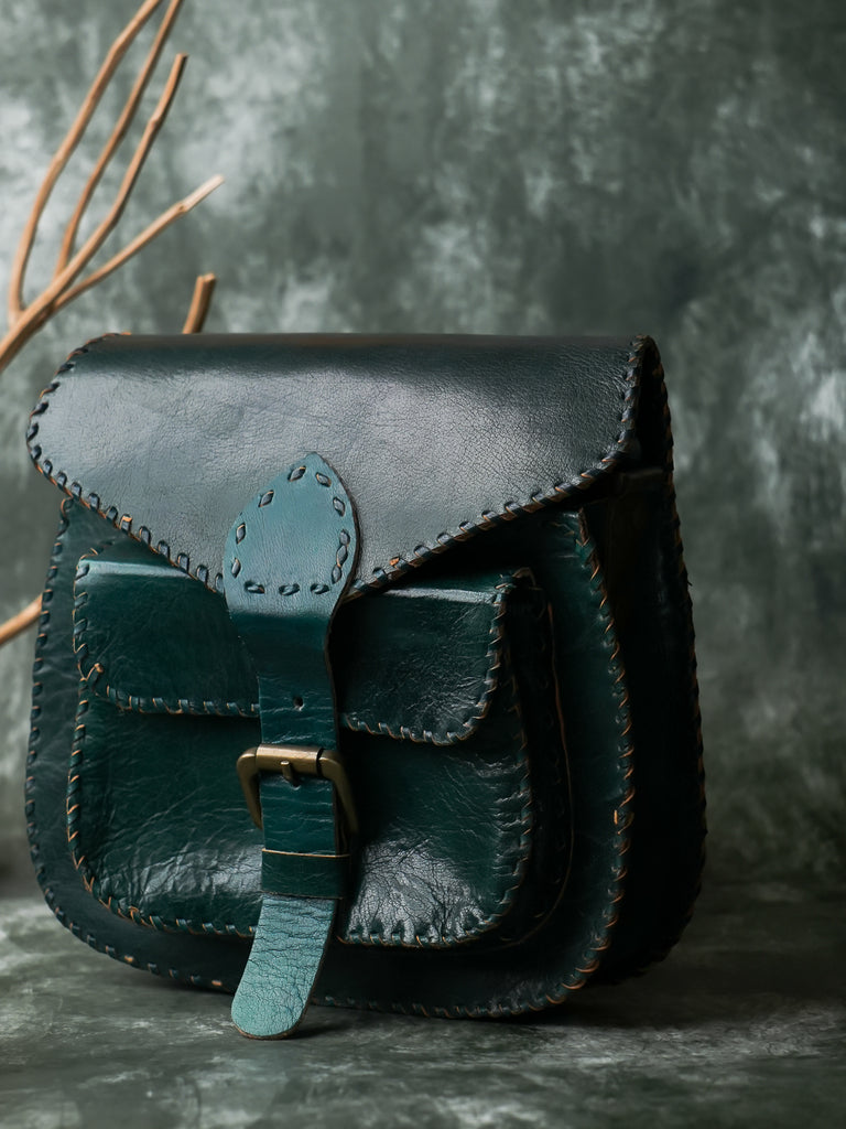 Handcrafted Jawaja Leather Sling Bag with Hand Stitch Detail - Green