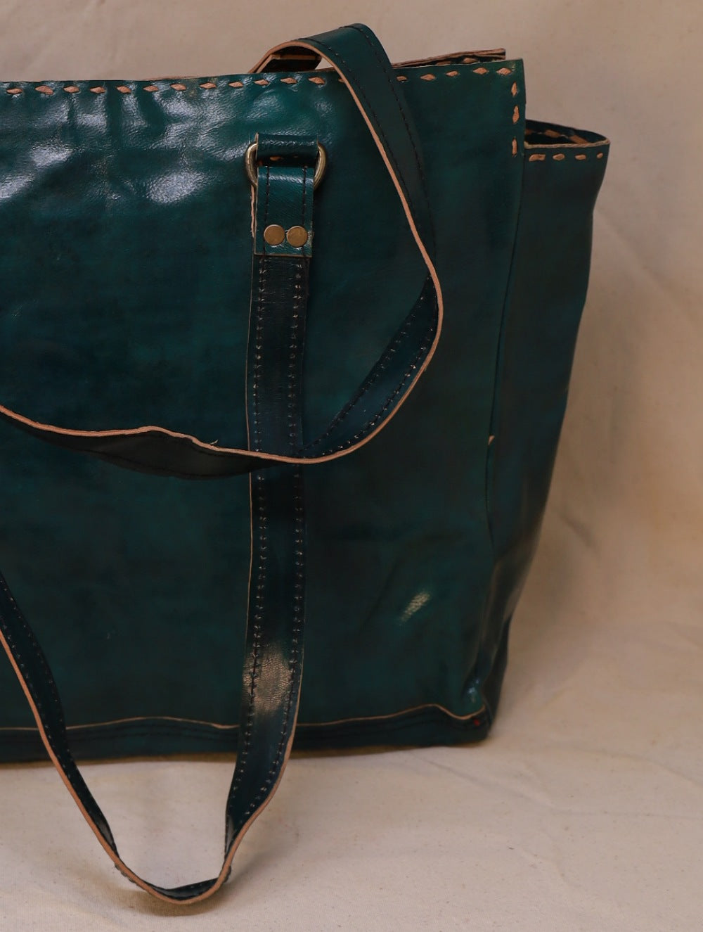 Handcrafted Jawaja Leather Tote Bag with Rug Patch - Green