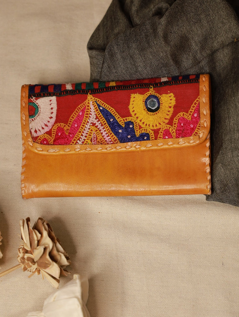 Handcrafted  Jawaja Leather & Embroidered Patch Wallet - Golden Yellow