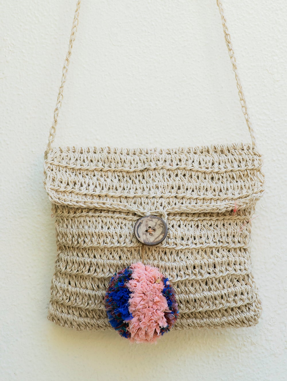 Handknotted Crochet Sling Bag With Flap - Beige