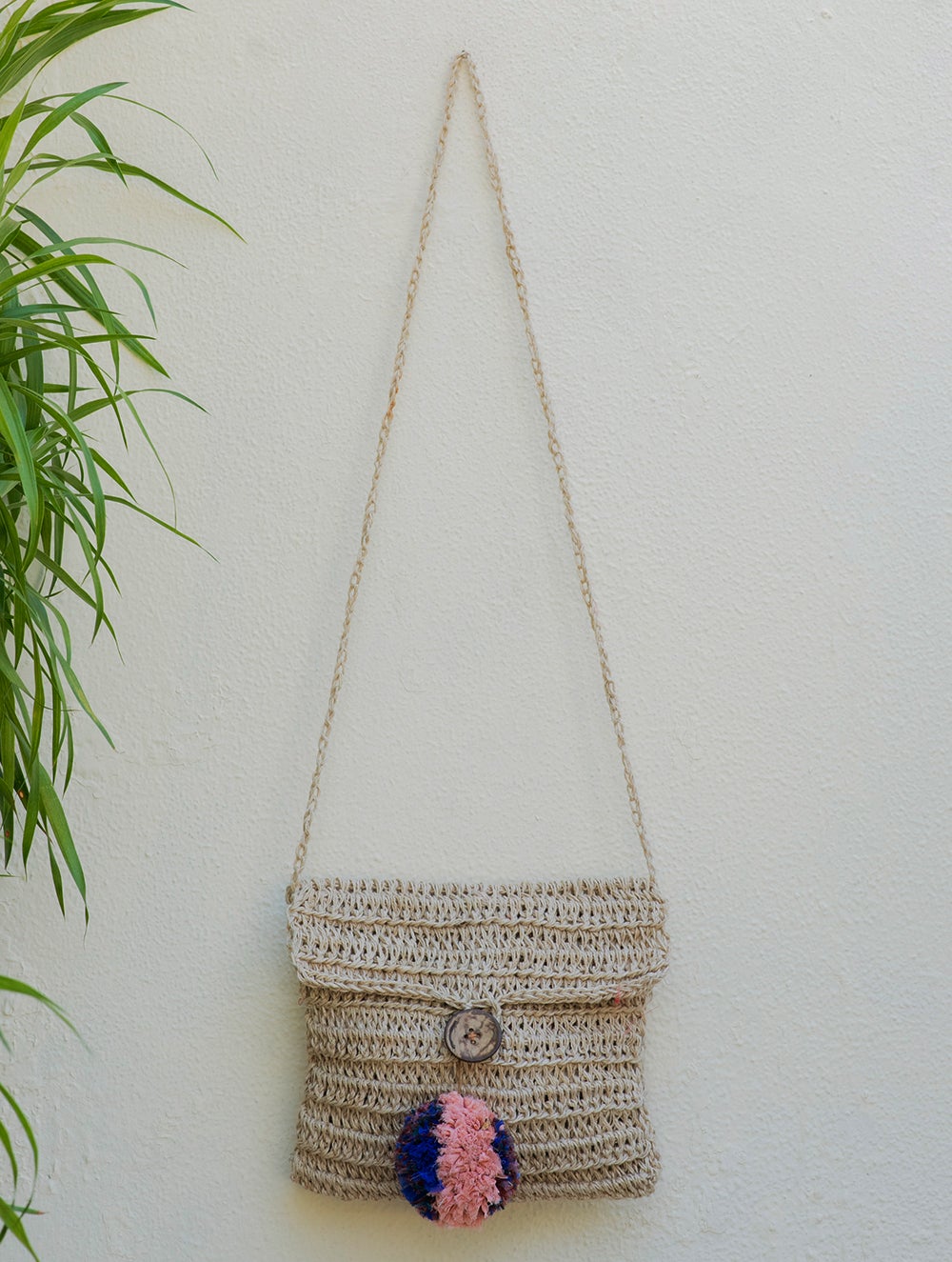 Handknotted Crochet Sling Bag With Flap - Beige