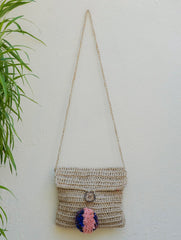 Handknotted Crochet Sling Bag With Flap - Beige