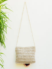 Handknotted Crochet Sling Bag With Flap - Beige