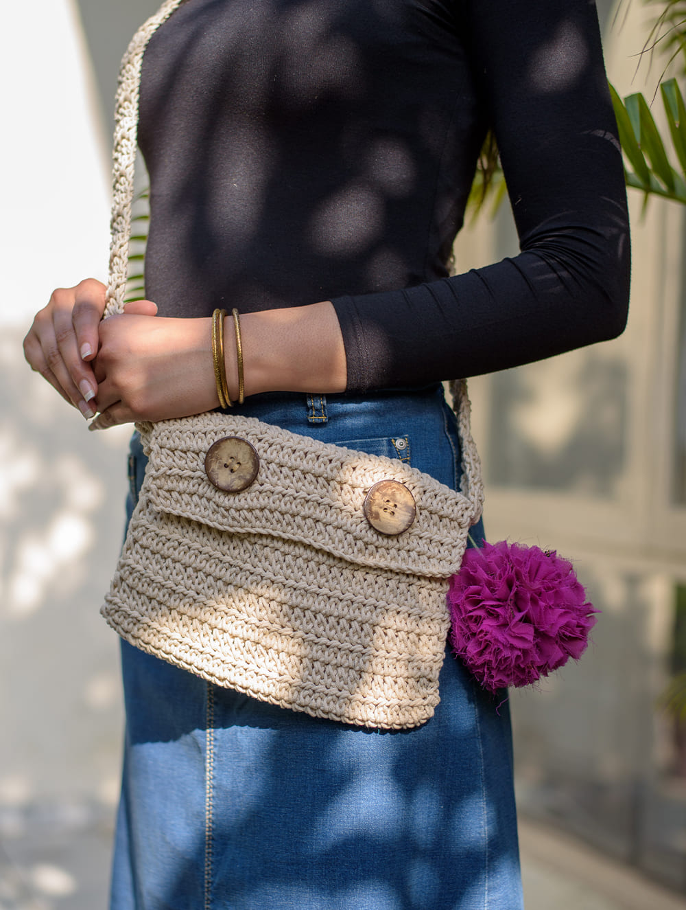 Hand knotted Macrame Broad Sling Bag - Beige