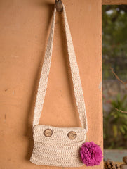 Hand knotted Macrame Broad Sling Bag - Beige
