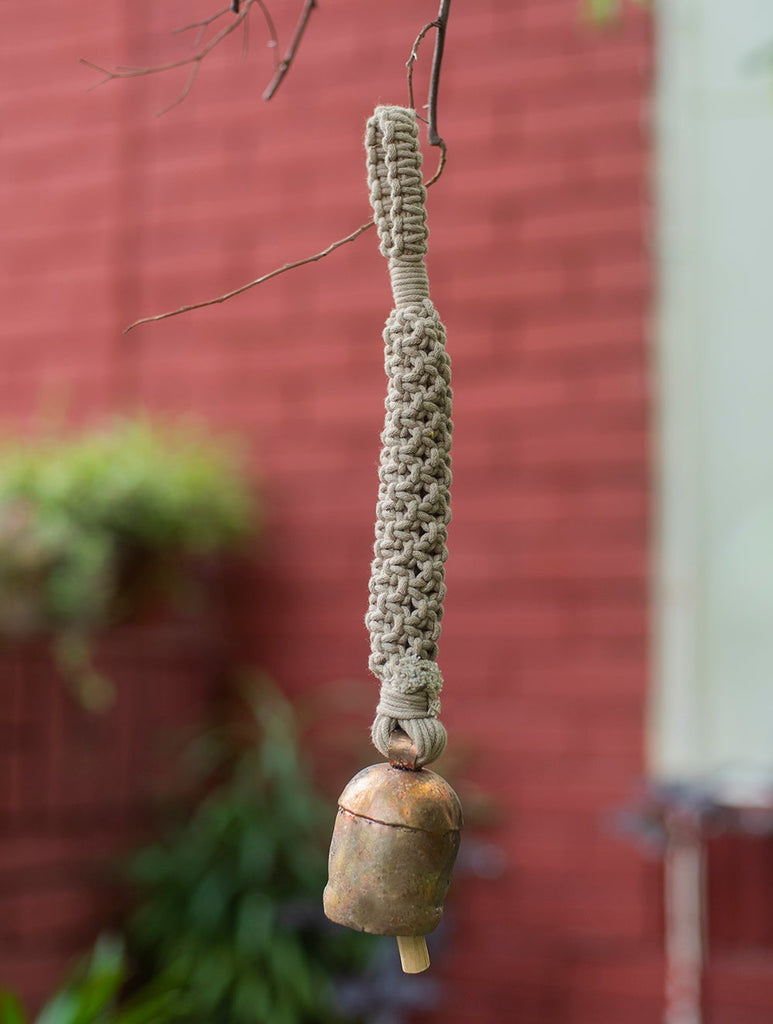 Handknotted Macramé Hanging Copper Bell 2" Dia - Ivory (14")