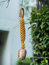 Handknotted Macramé Hanging Copper Bell 2" Dia - Mustard (14")