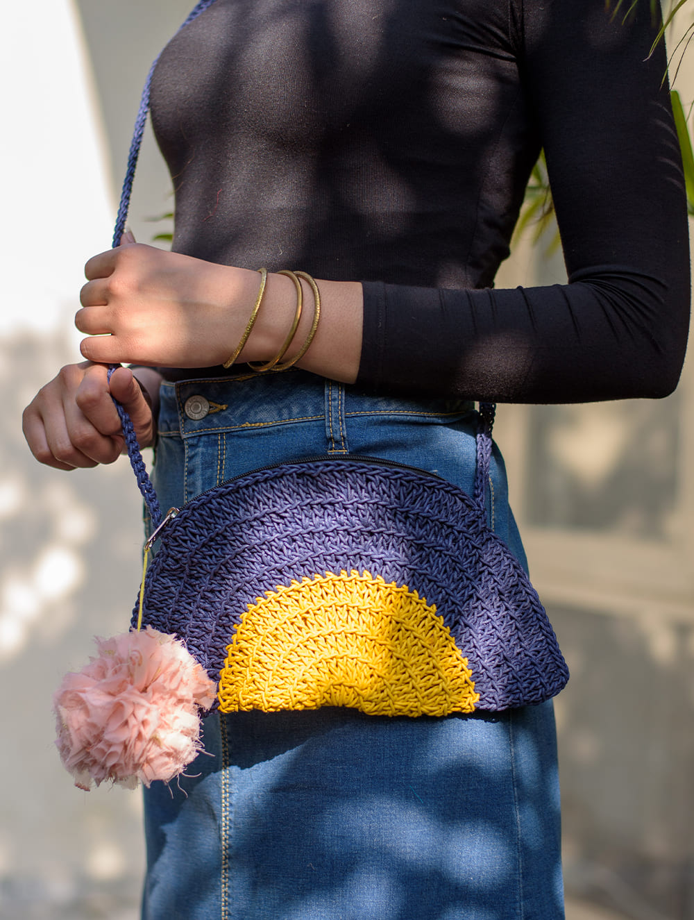 Hand knotted Macrame Semicircular Sling Bag - Blue & Yellow