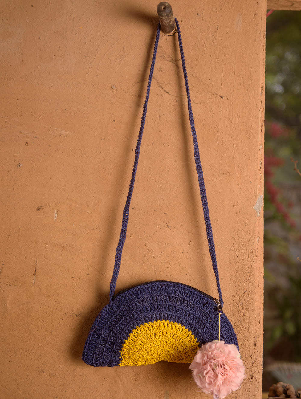 Hand knotted Macrame Semicircular Sling Bag - Blue & Yellow