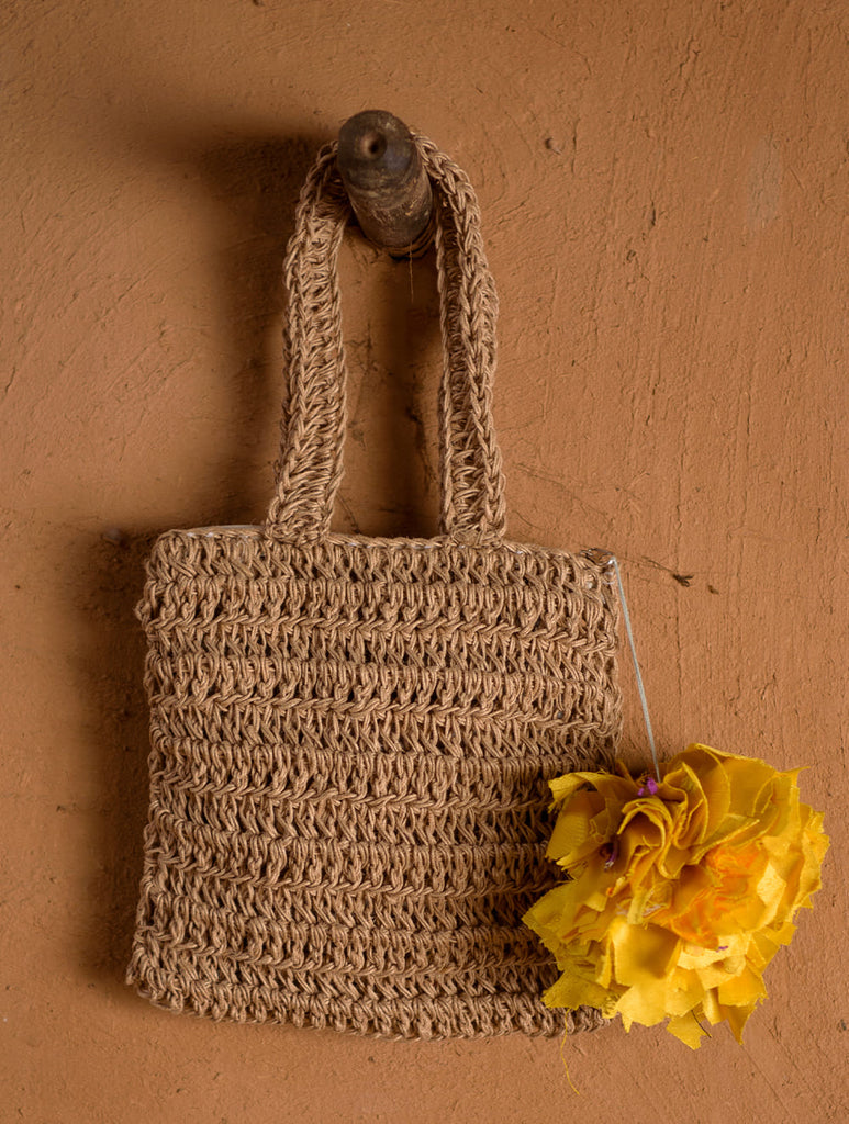 Hand knotted Macrame Square Hand Bag - Beige