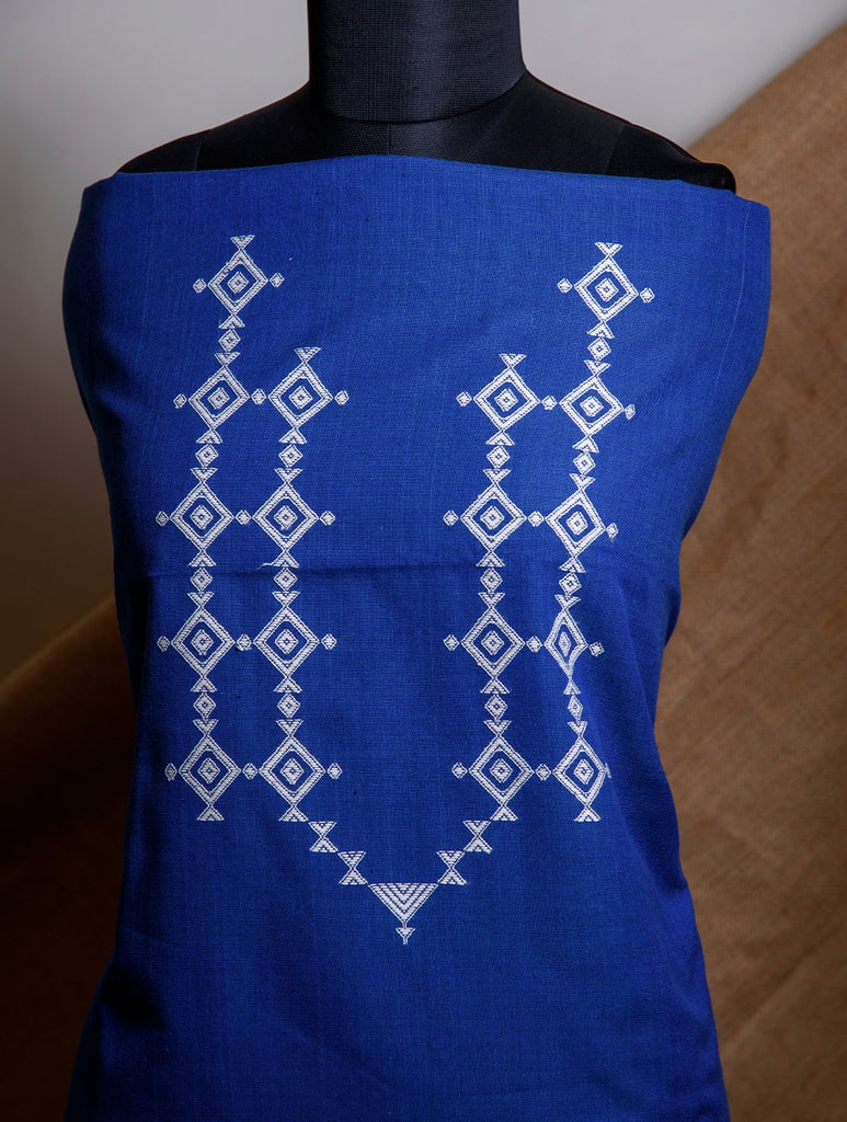 Handwoven Kashida Pattu Kurta Fabric - Royal Blue & White