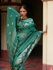 Handwoven Elegance. Exclusive Linen Jamdani Saree - Emerald Beauty