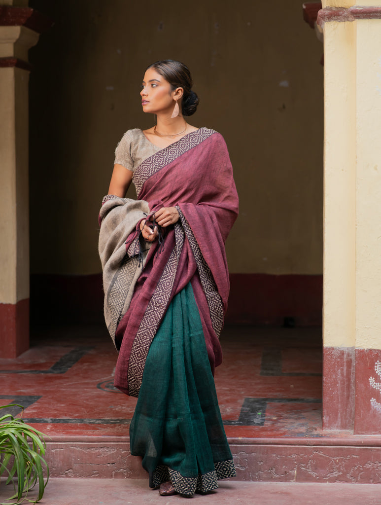 Handwoven Elegance. Exclusive Linen Kantha Patli Saree - Earth Tones