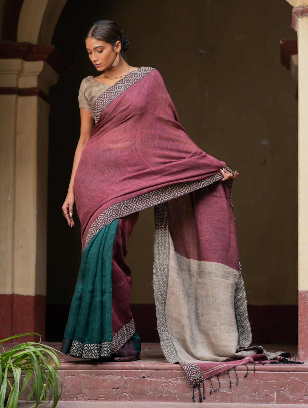 Load image into Gallery viewer, Handwoven Elegance. Exclusive Linen Kantha Patli Saree - Earth Tones