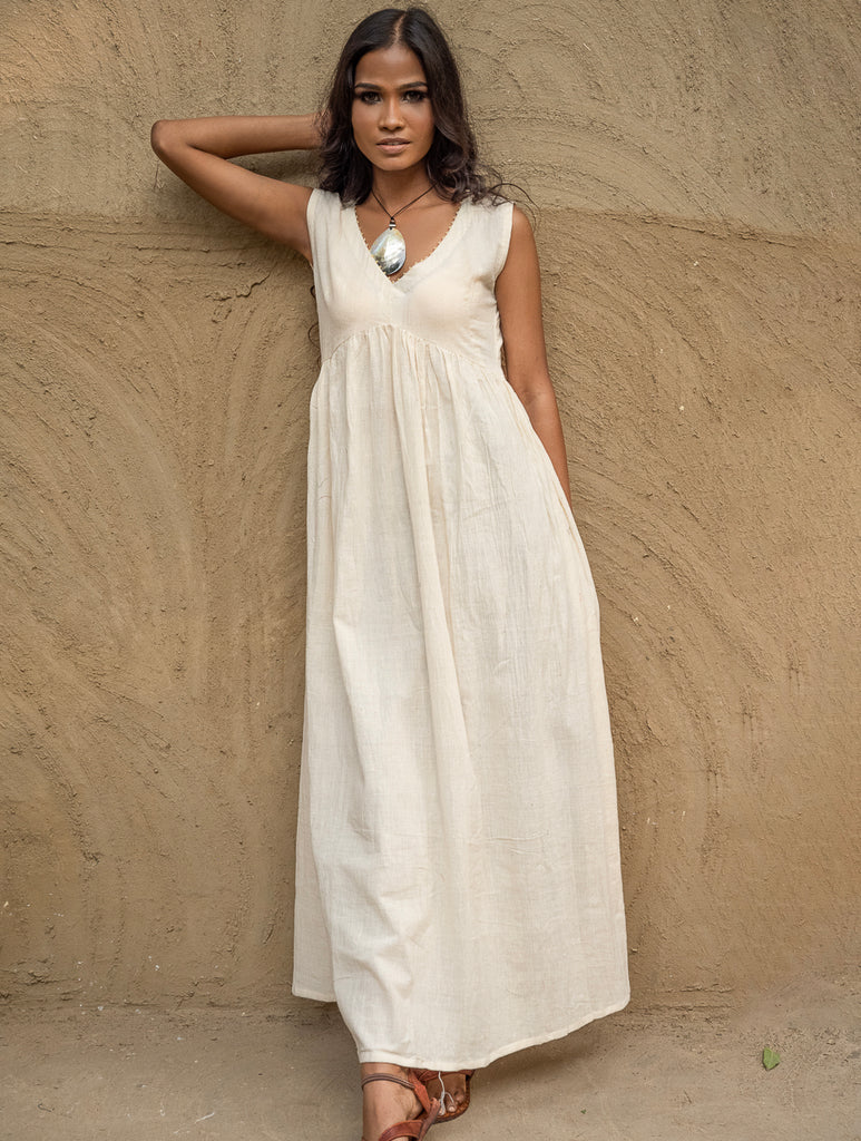 Handwoven Elegance. Organic Kala Cotton Long Dress - Pure Cream 