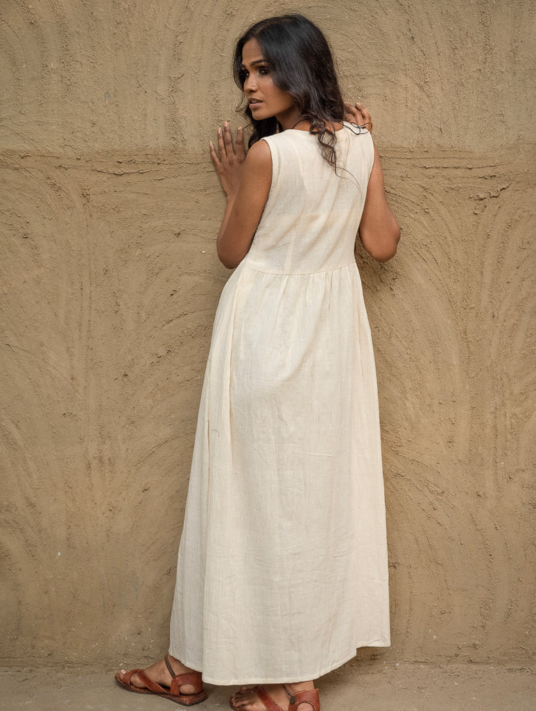 Handwoven Elegance. Organic Kala Cotton Long Dress - Pure Cream 