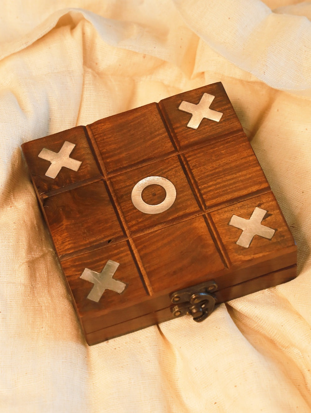Handcrafted Wood & Brass Tic Tac Toe Game With Box