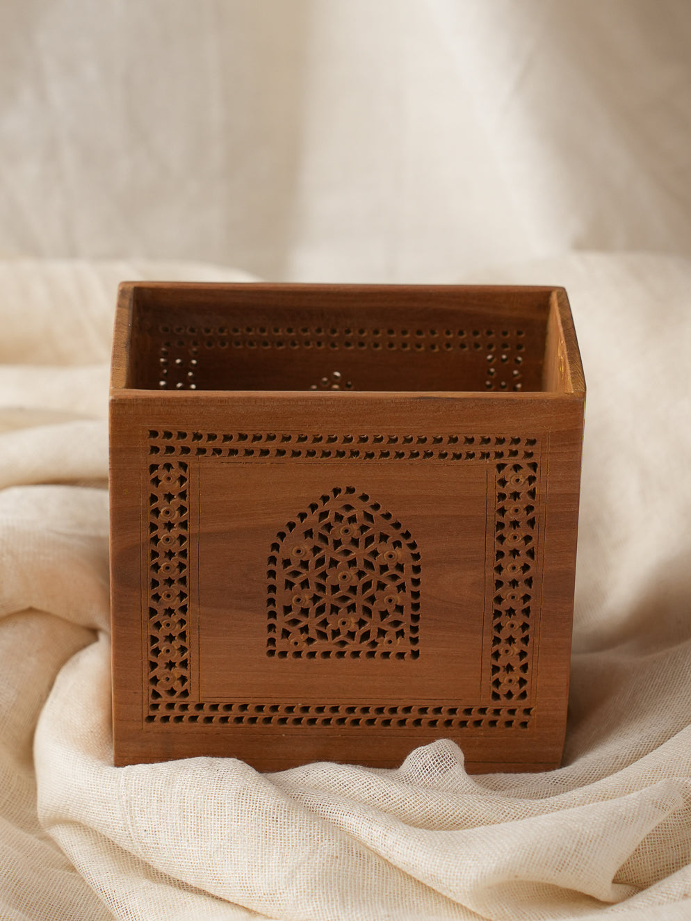 Intricate Jaali Wood Craft Stationery Holder - Mughal Ornate