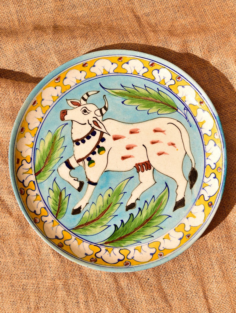 Jaipur Blue Pottery Decorative Plate in Wooden Box -  Blue Cow