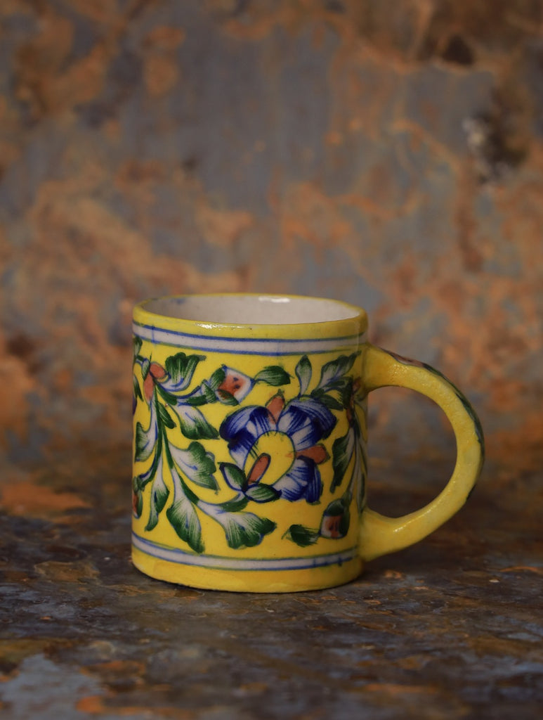 Jaipur Ceramic Blue Pottery Mugs (Set of 2) - Yellow Floral