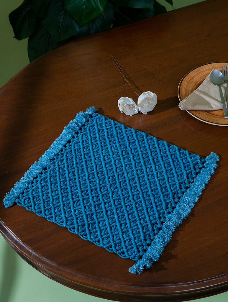 Jewel Handknotted Macramé Table Mats - Teal Blue (Set of 4)