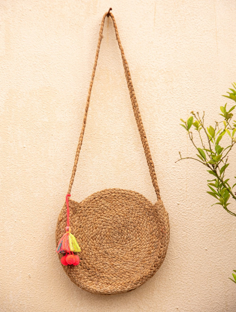 Buy Jute Fabric Sling Bag Round Online